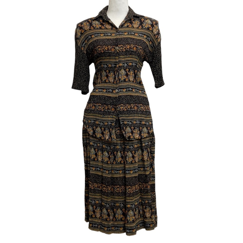 Vintage Michele Leslie 1990s Black & Brown Floral Printed 2 Piece Blouse Set